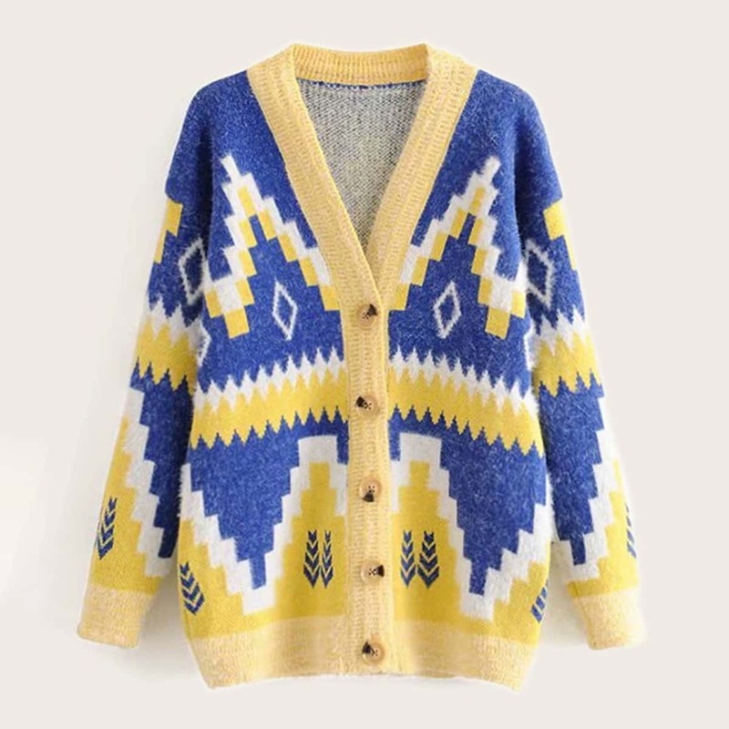 

Geo Pattern V-neck Button Front Cardigan, Multicolor