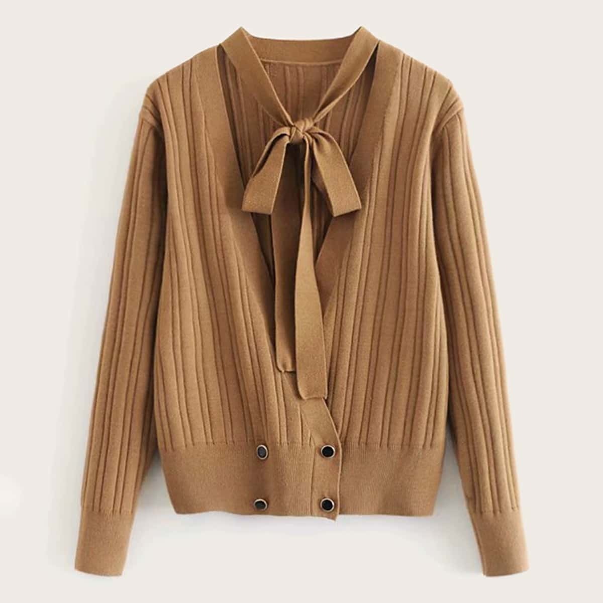 

Tie Neck Metal Button Cardigan, Camel