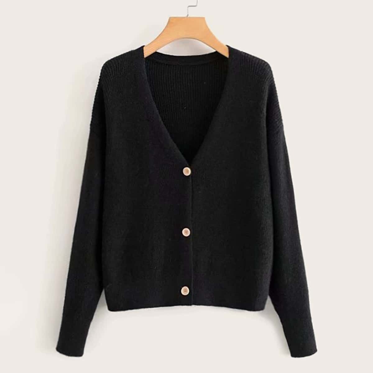

Solid V-neck Button Front Cardigan, Black