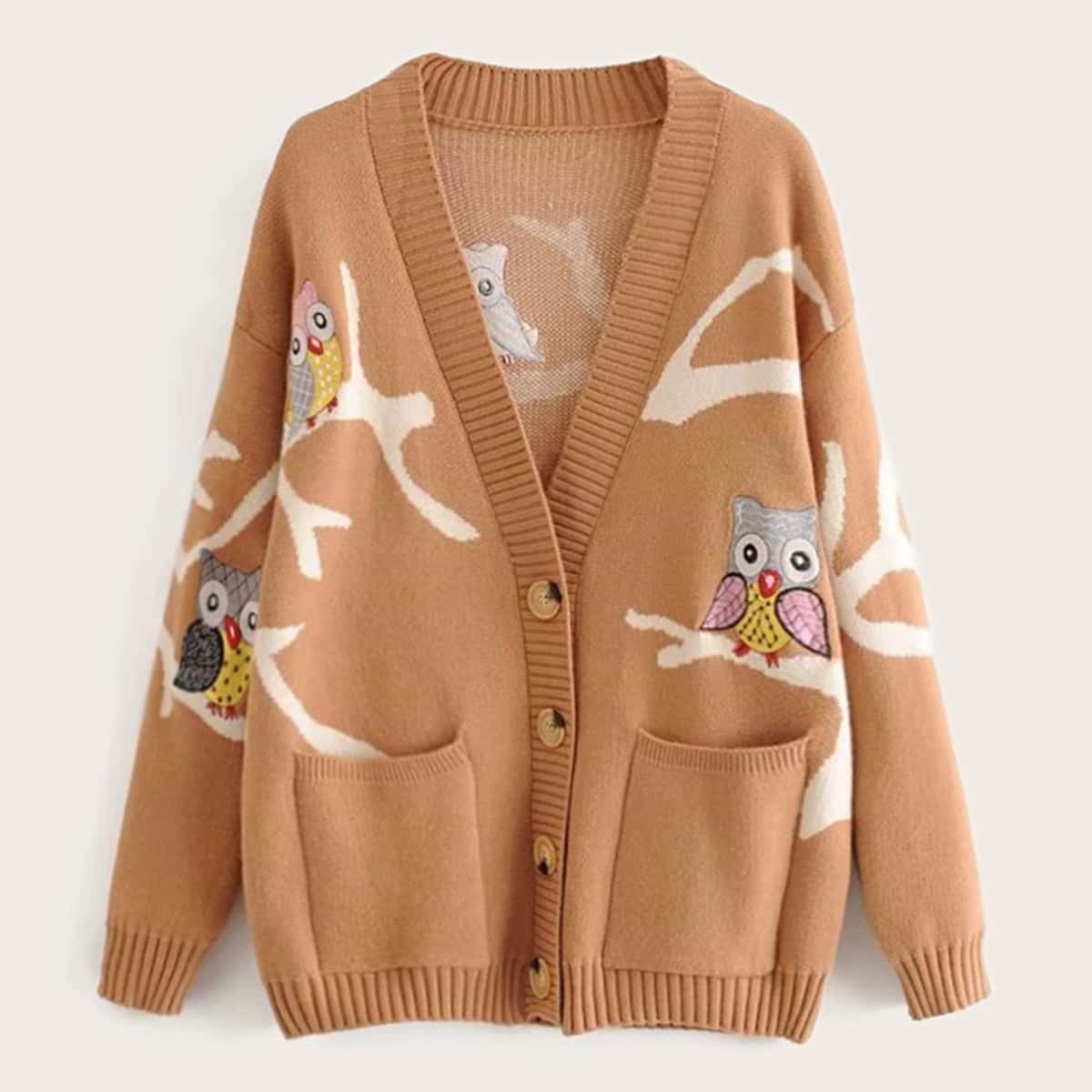 

Owl Embroidery Dual Pockets Cardigan, Khaki