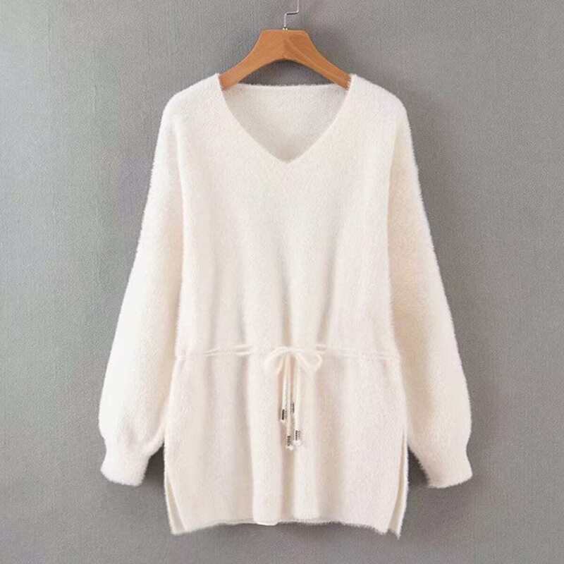 

Mohair Drawstring Waist Slit Hem Sweater, White