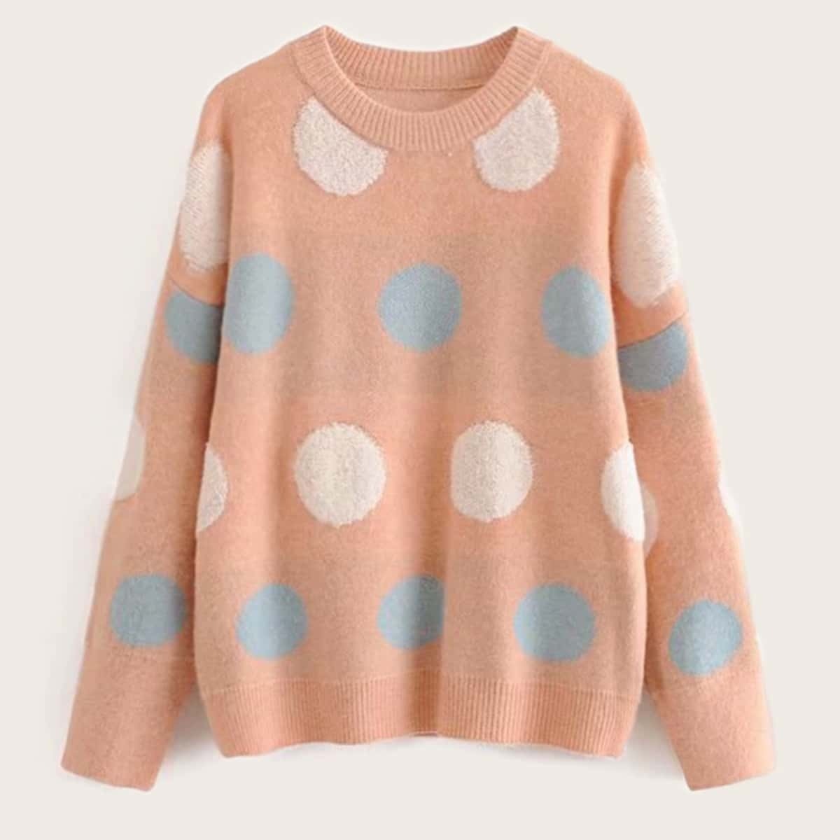 

Polka Dot Drop Shoulder Sweater, Pink