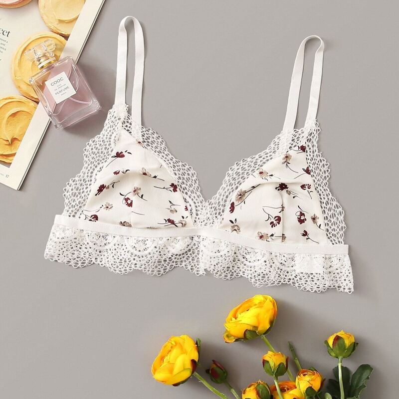

Ditsy Floral Print Lace Trim Bralette, Beige