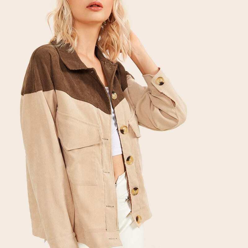

Dual Flap Front Two Tone Corduroy Jacket, Khaki