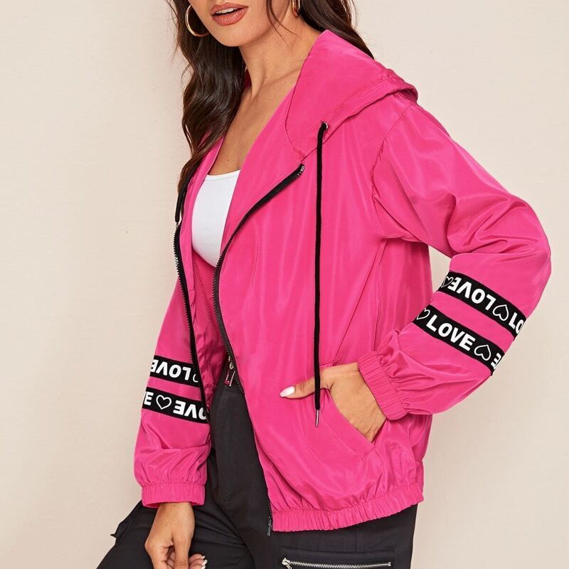 

Contrast Tape Drawstring Hooded Jacket, Hot pink bright