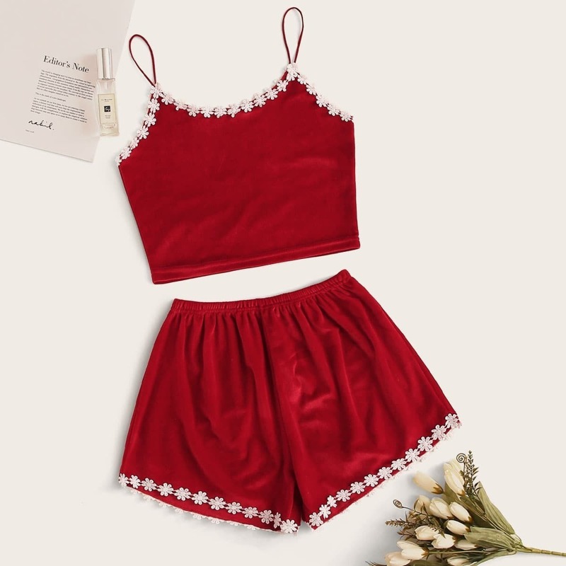 

Crochet Trim Velvet Cali Pajama Set, Red bright