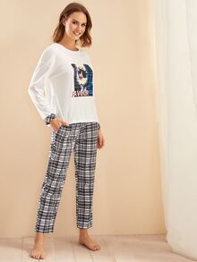 Cat Print Top With Plaid Pants PJ Set