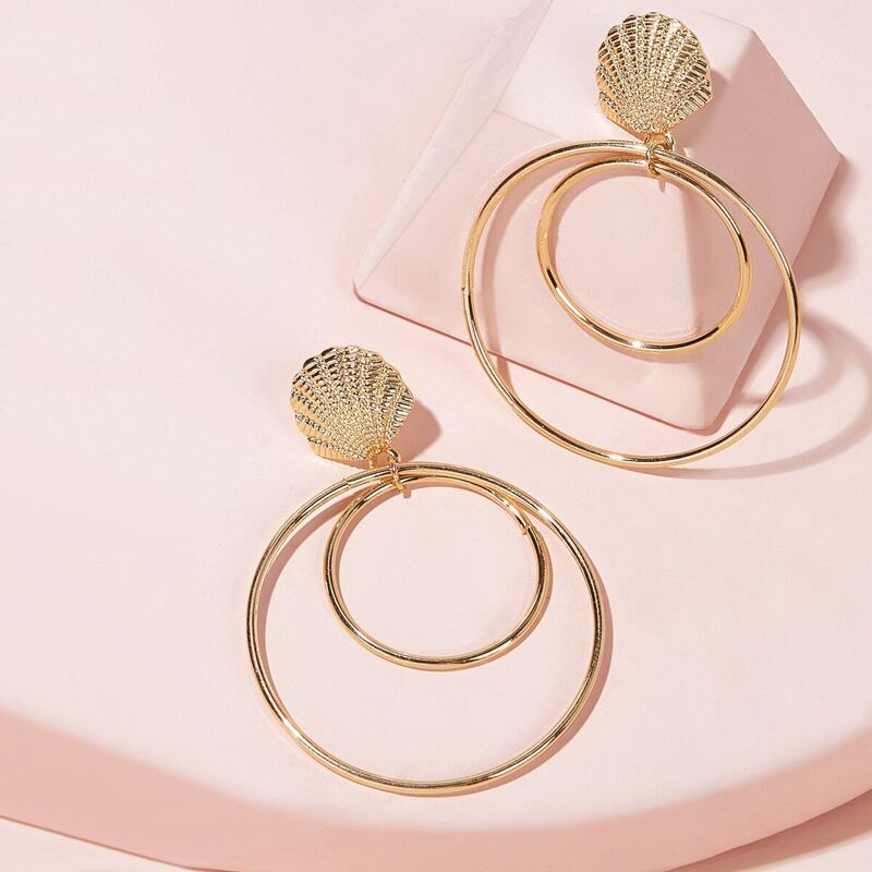 

Double Ring & Shell Dangle Earrings 1pair, Gold
