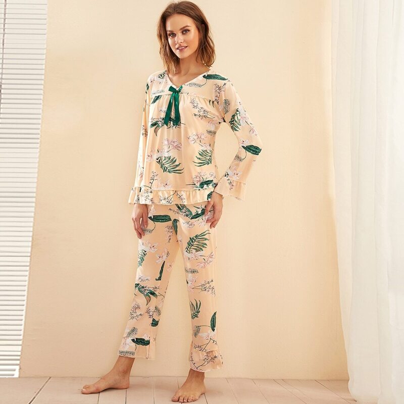 

Floral Print Ruffle Hem Pajama Set, Multicolor