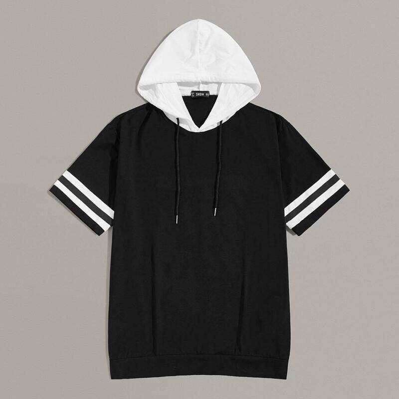

Guys Two Tone Varsity Striped Cuff Hoodie, Black