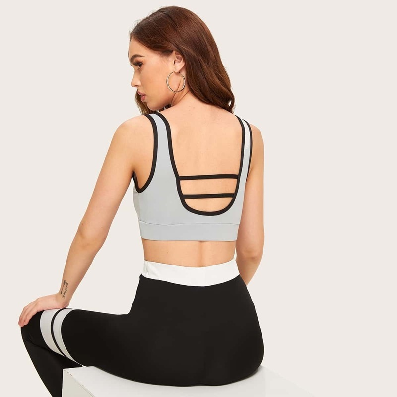 

Contrast Binding Cutout Back Sports Bra, Grey