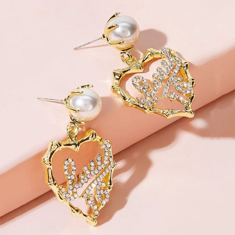 

Rhinestone & Faux Pearl Decor Heart Dangle Earrings 1pair, Gold