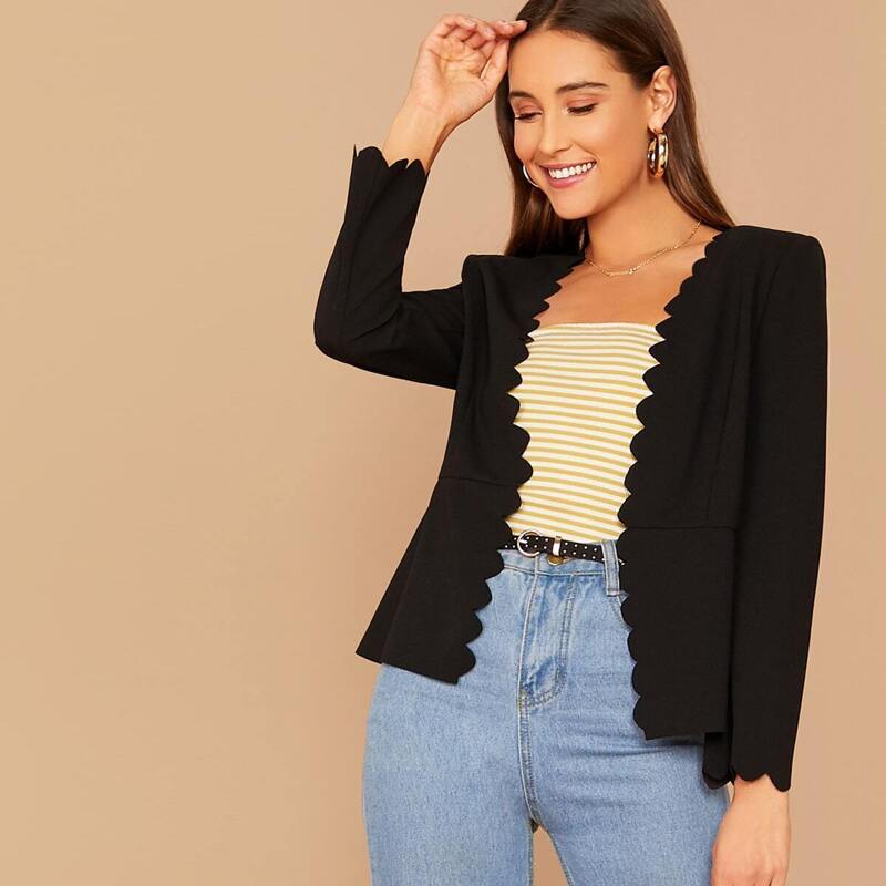 

Solid Scallop Trim Peplum Blazer, Black