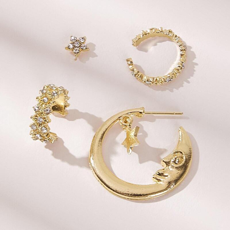 

Moon Decor Rhinestone Engraved Earrings Set 4pcs, Gold