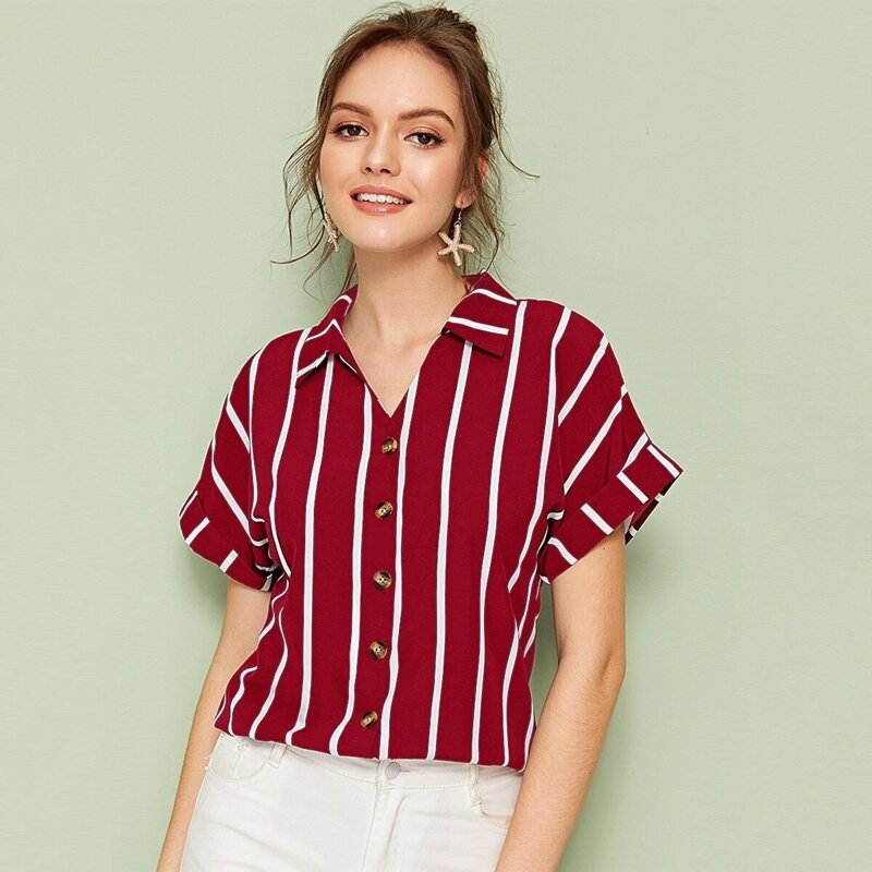 

Striped Rolled Cuff Button Front Blouse, Red