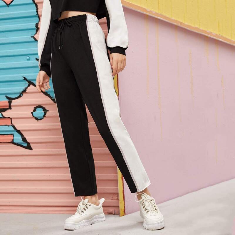 

Contrast Panel Drawstring Waist Pants, Black and white