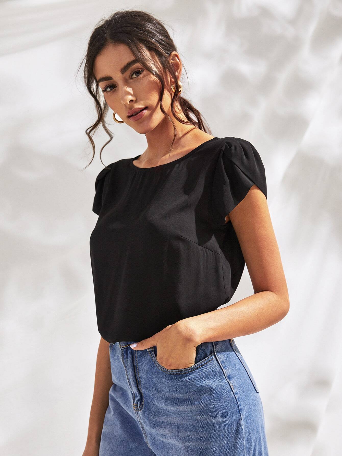 petal sleeve cutout bow back top