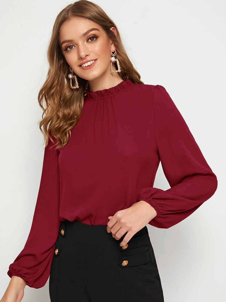 SHEIN Clasi Frilled Neck Blouson Sleeve Top - Burgundy - View 4