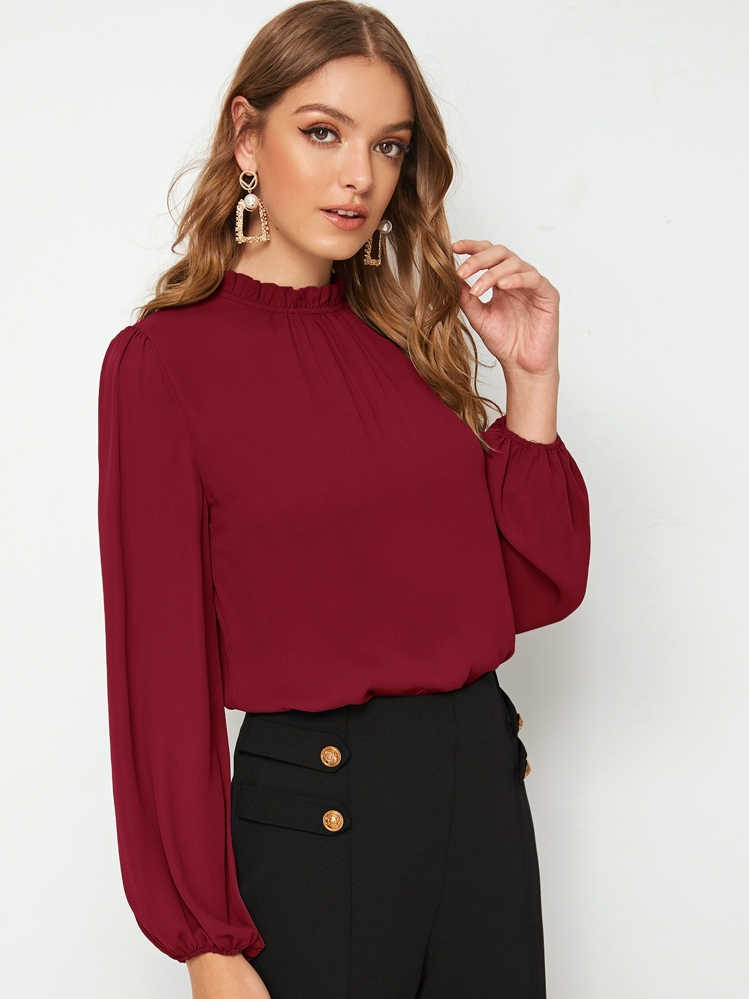 SHEIN Clasi Frilled Neck Blouson Sleeve Top - Burgundy - View 5