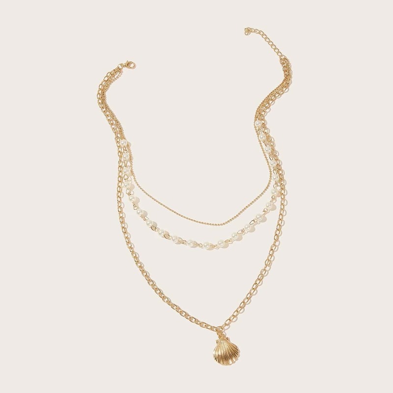 

Shell Charm Faux Pearl Decor Layered Necklace 1pc, Gold