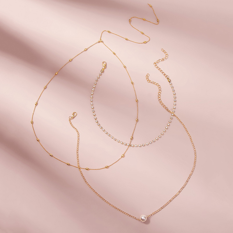 

Faux Pearl & Rhinestone Decor Chain Necklace Set 3pcs, Gold