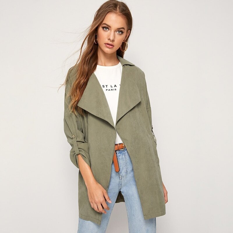 

Open Front Roll Tab Sleeve Coat, Army green
