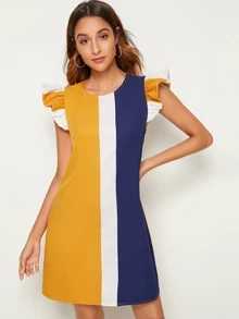 SHEIN Clasi 荷葉邊袖口拼色直筒洋裝 - 彩色 - 查看 3