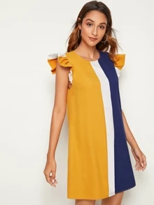 SHEIN Clasi 荷葉邊袖口拼色直筒洋裝 - 彩色 - 查看 4