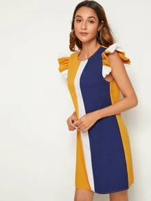 SHEIN Clasi 荷葉邊袖口拼色直筒洋裝 - 彩色 - 查看 5