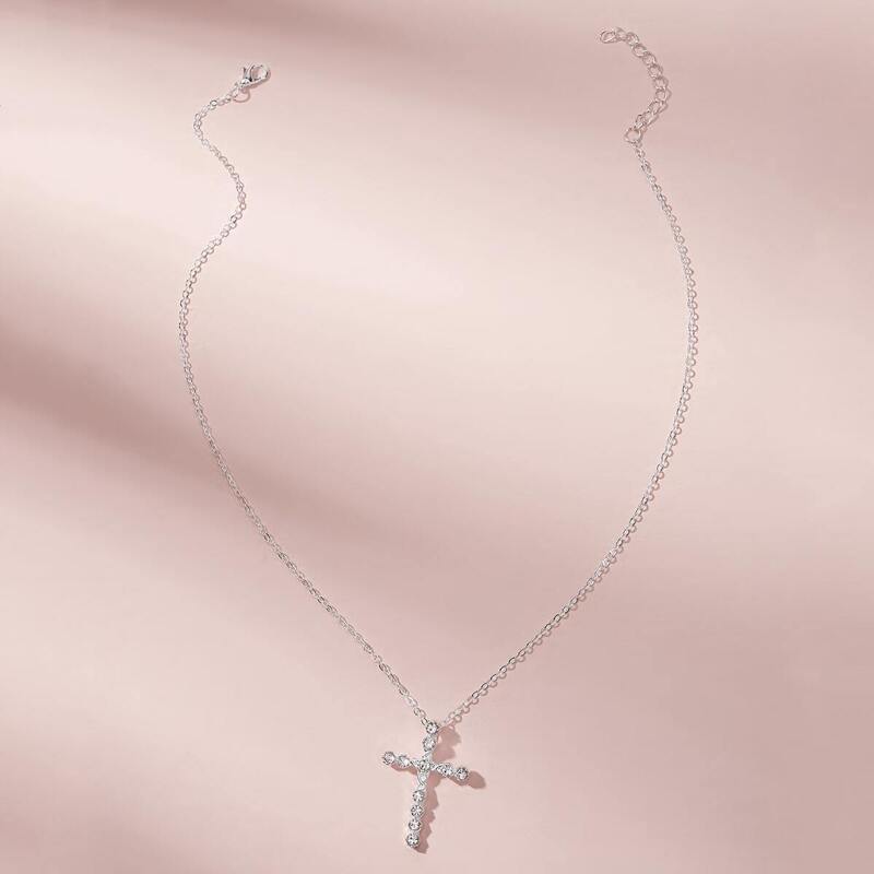 

Rhinestone Engraved Cross Pendant Necklace, Silver