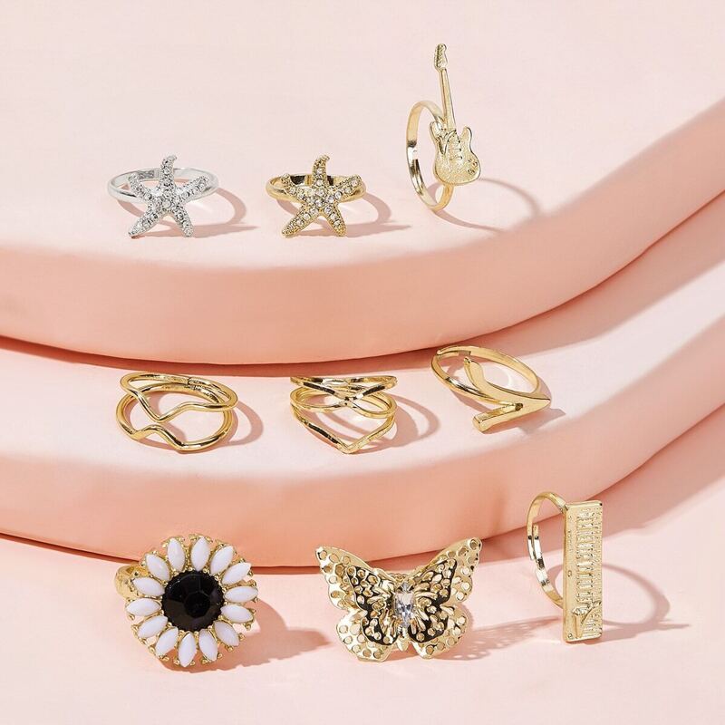 

Hollow Out Butterfly & Starfish Decor Ring Set 9pcs, Multicolor