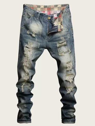 guys letter & cartoon patched jeans