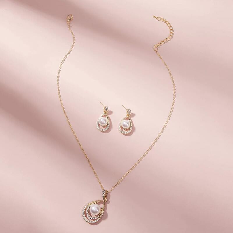 

Faux Pearl & Rhinestone Drop Decor Necklace 1pc With Earrings 1pair