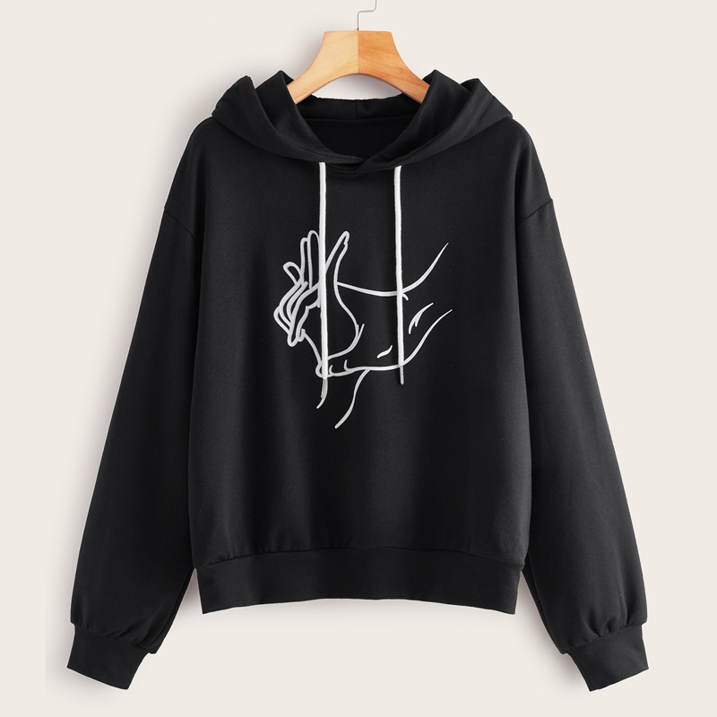 

Hands Print Drop Shoulder Drawstring Hoodie, Black