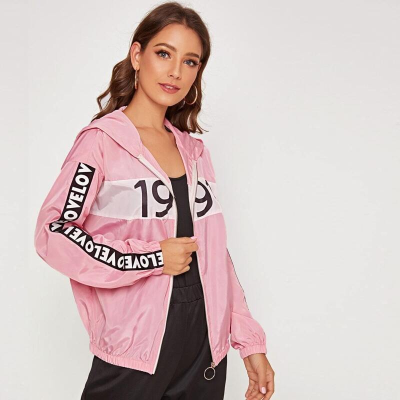 

Letter & Number Hooded Windbreaker Jacket, Pink pastel