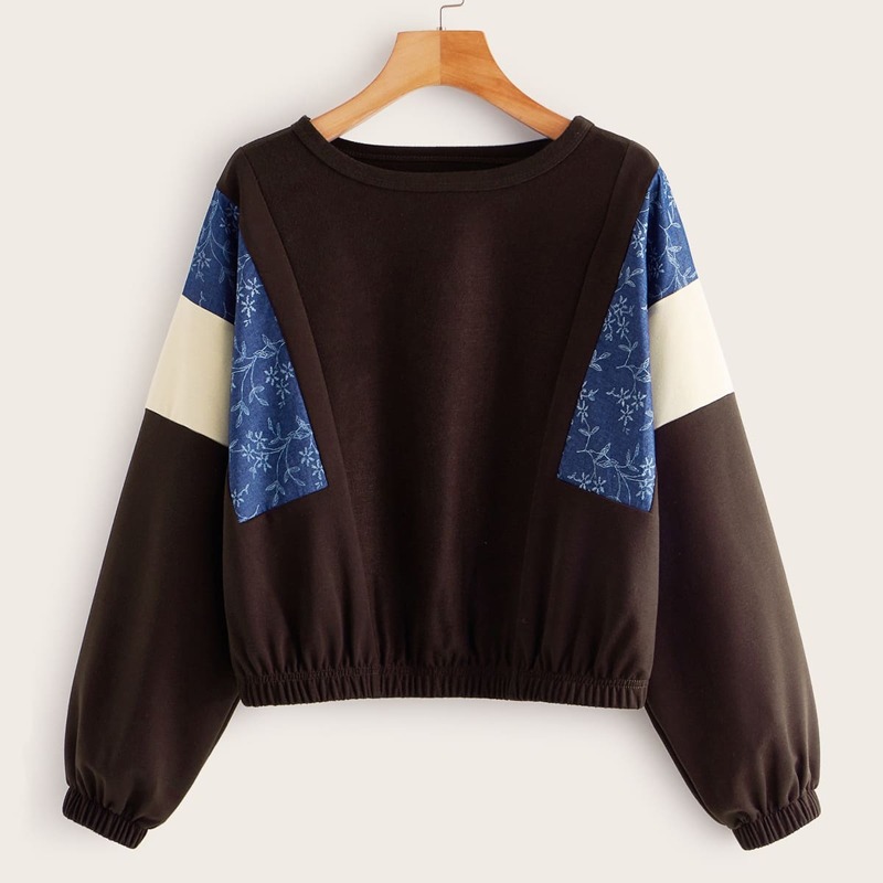 

Floral Print Colorblock Round Neck Sweatshirt, Brown
