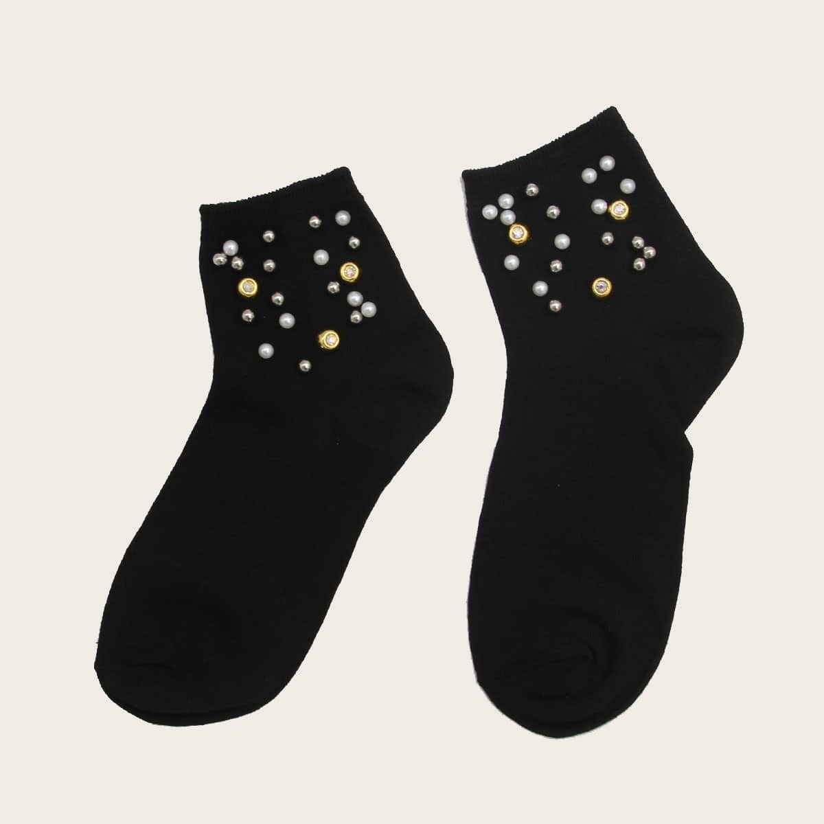 

Pearl & Rhinestone Decor Socks 1pair, Black