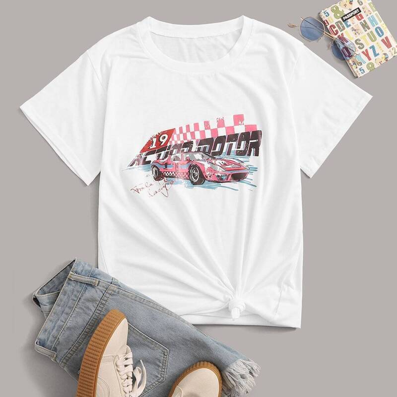 

Car Print Round Neck Tee, White