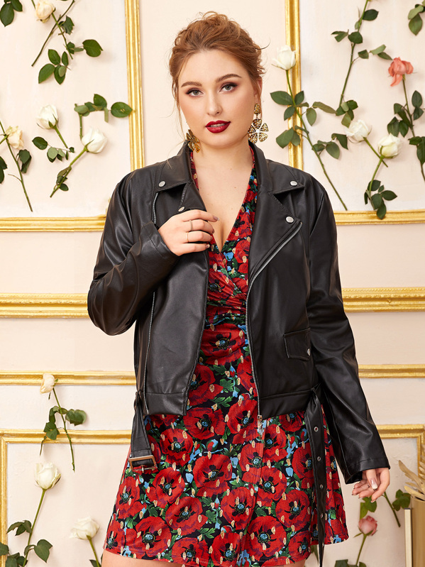 Plus Zip Up Belted Pu Biker Jacket