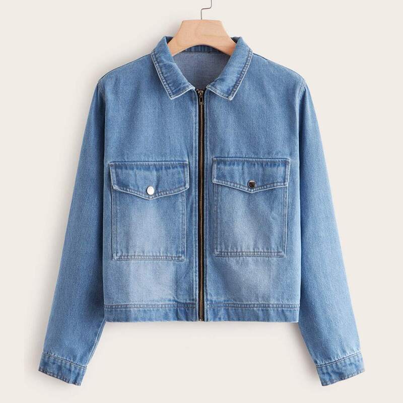 

Plus Zip-up Flap Pocket Front Denim Jacket, Blue