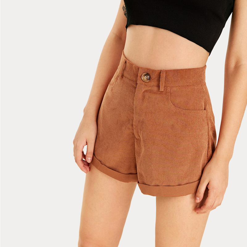 

Rolled Hem Solid Corduroy Shorts, Brown