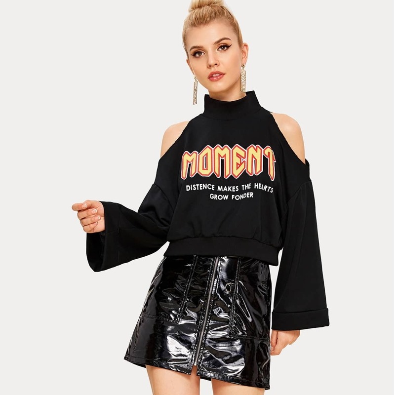 

Letter Print Open Shoulder Sweatshirt, Black