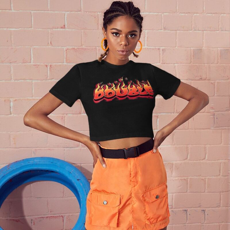 

Letter & Fire Print Crop Tee, Black
