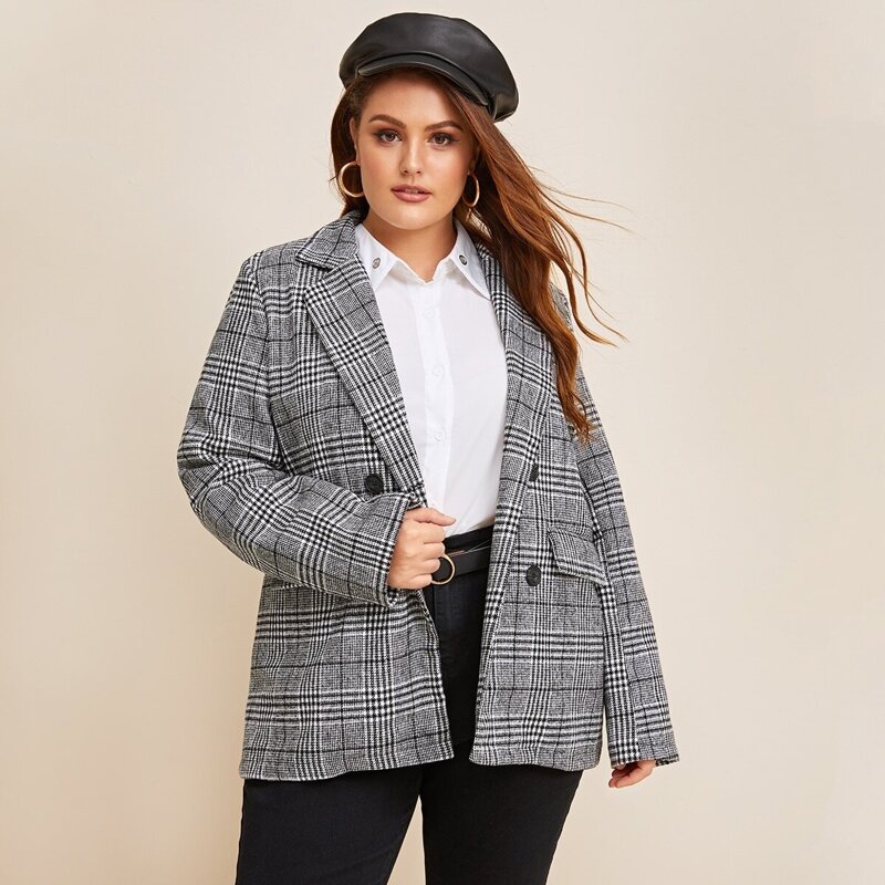

Plus Double Breasted Plaid Blazer, Grey