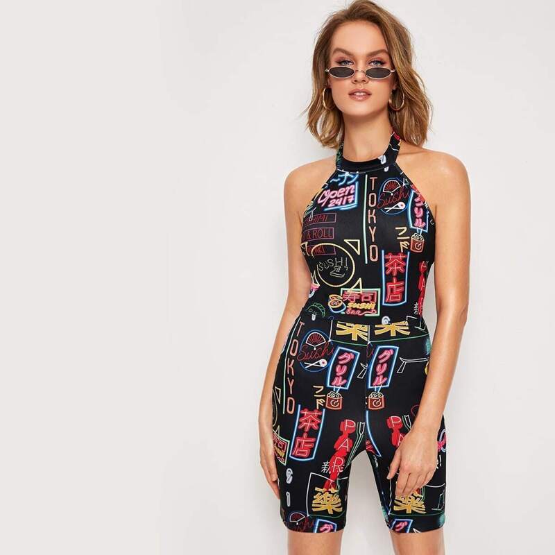 

Graphic Print Halter Cycling Skinsuit, Multicolor