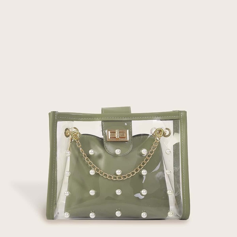 

Faux Pearl Decor Clear Bag With Inner Pouch, Green