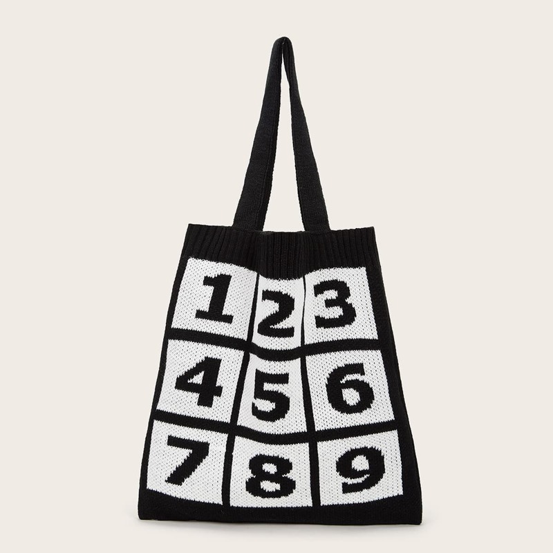 

Number Pattern Knit Tote Bag, Black and white