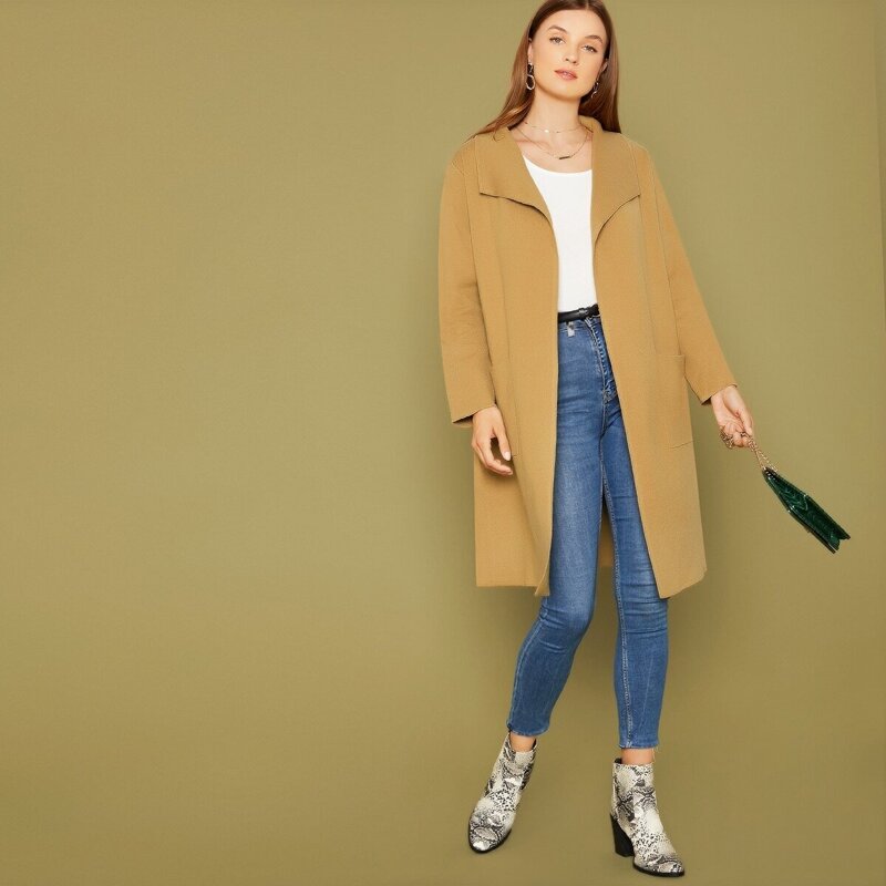 

Open Front Shawl Collar Knitted Longline Cardigan, Camel