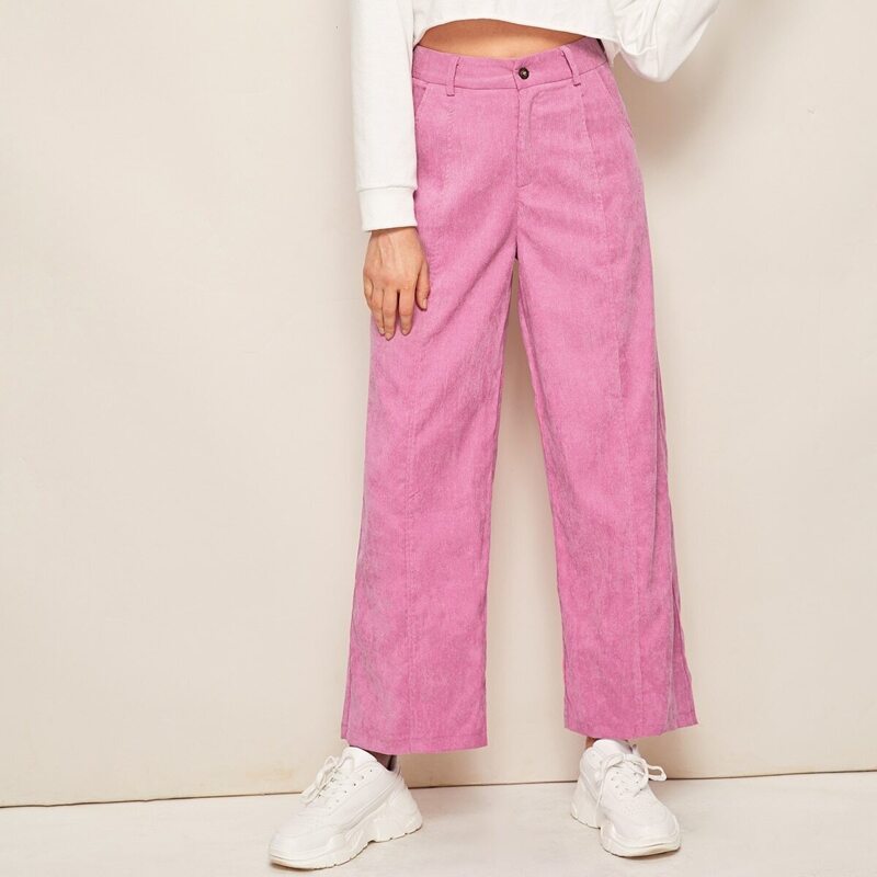 

Solid Straight Leg Corduroy Pants, Pink