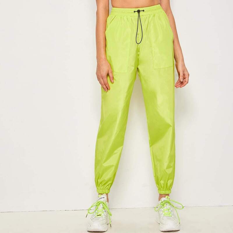 

Neon Lime Drawstring Waist Windbreak Pants, Green bright